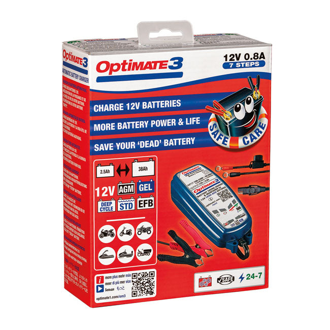 Tecmate OptiMATE 3 – 12V Batterilader, Tester &amp; Maintainer (EU Plug)